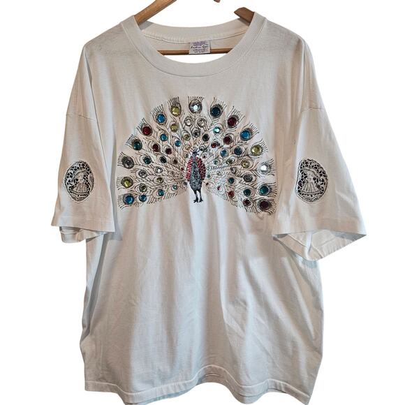 Vintage Tops - Vintage Peacock T-Shirt Womens XXL 90s White Beaded 3D Cottage Granny Bedazzled
